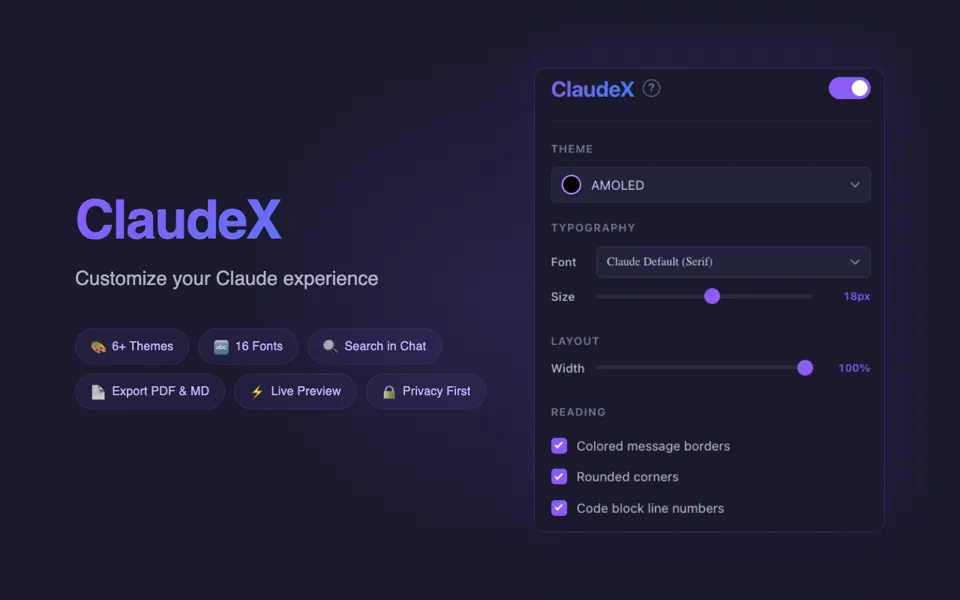 ClaudeX extension popup showing theme, typography, and layout controls