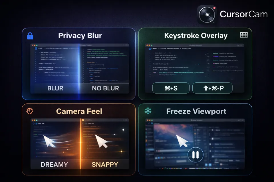 CursorCam features: Privacy Blur, Keystroke Overlay, Camera Feel, and Freeze Viewport